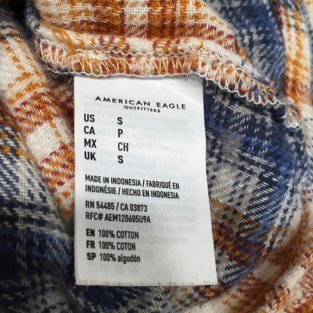 American Eagle Womens Flannel Shirt S Blue Orange Excellent Cropped Plaid Button - Picture 6 of 9